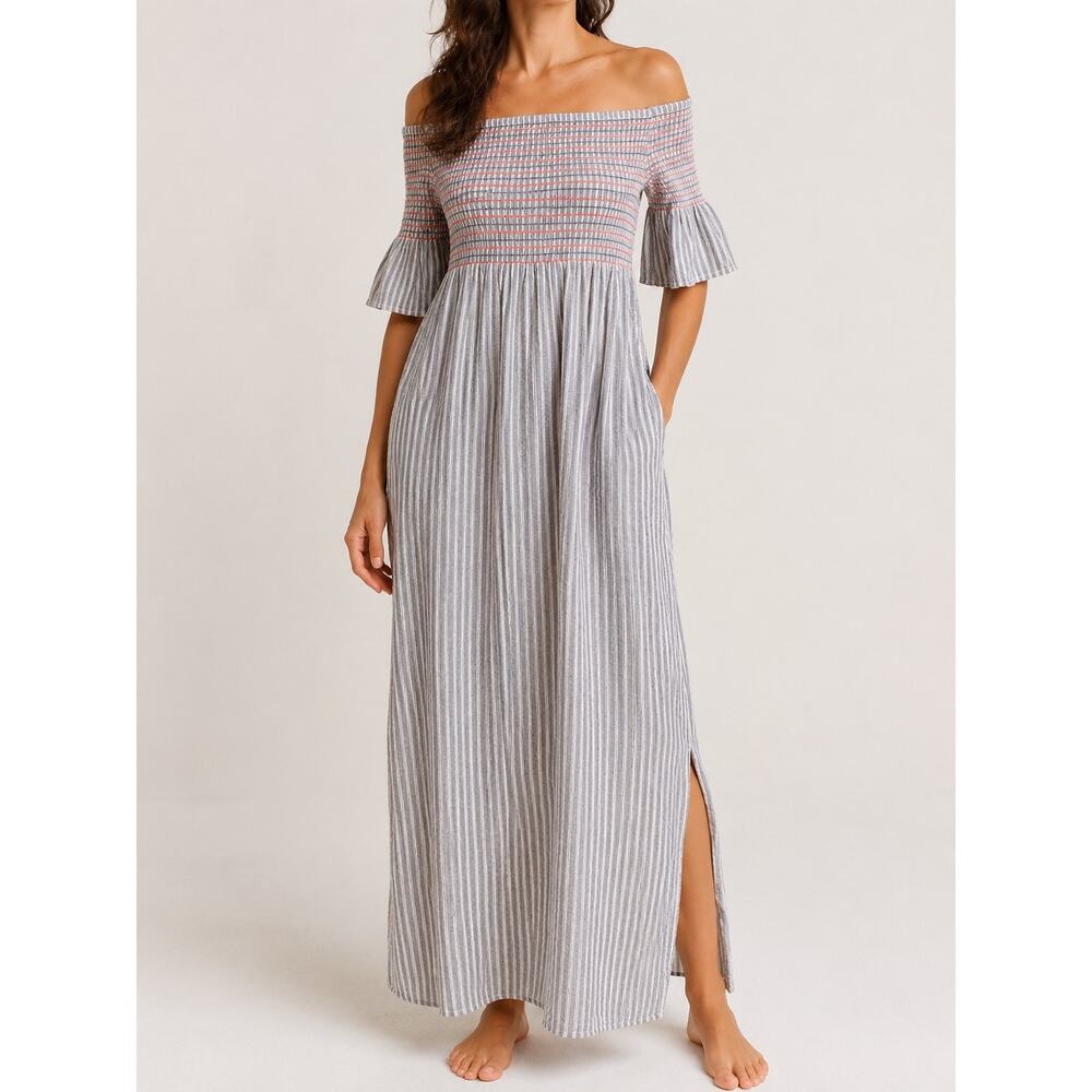 Trina Turk Medium Linen Blue & Red Striped Off Shoulder Maxi Dress Side Slits